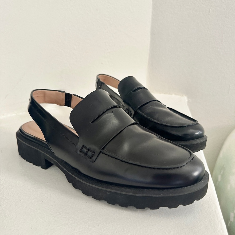 Cole Haan Black Leather Slingback Penny Loafers